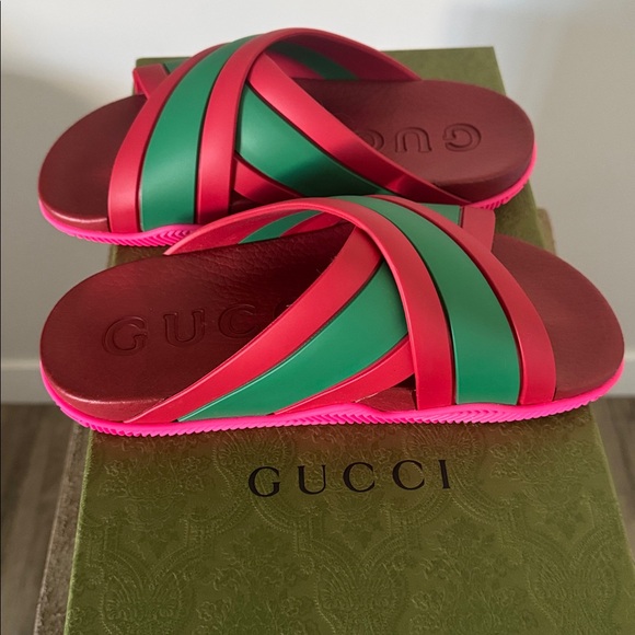 Gucci Shoes - NWT * Gucci Neon Pink and Emerald Green Crisscross Slide Sandals